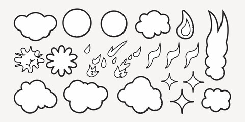 Dynamic collection of hand-drawn graphic elements for creative design projects, featuring clouds, stars, and fire icons