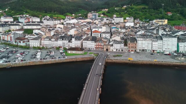  Aerial of Historic Viveiro Town and Mercy Bridge, Lugo, Galicia, Spain