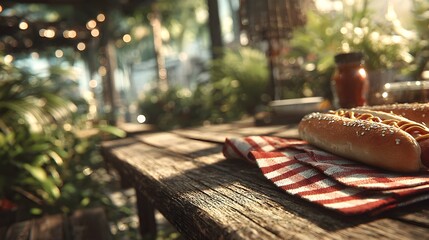 Rustic wooden table is set with hotdogs, gingham cloth, sauce in outdoor tropical garden setting.