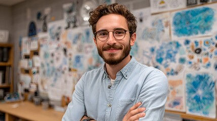 Obraz premium Smiling artist stands in his bright studio with sketches and paintings pinned to the wall behind him.