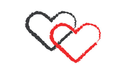Two intertwined hearts one red one black on a white background