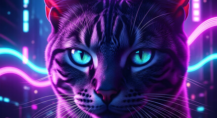 Closeup of a cat with glowing blue eyes and neon cyberpunk style background