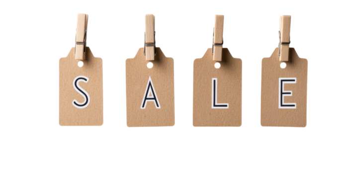 Sale tags on clothespins isolated on white background