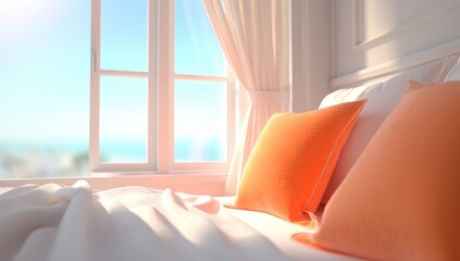 A serene bedroom with orange accent pillows, bathed in sunlight streaming through a window overlooking the ocean.