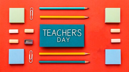 Obraz premium Stationery flat lay arrangement with teachers day greeting on orange background 