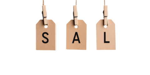 Hanging sale tags with letters s, a, l on black background