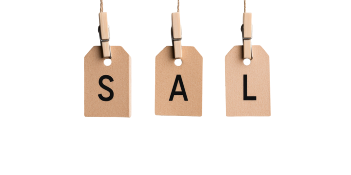 Hanging sale tags with letters s, a, l on black background