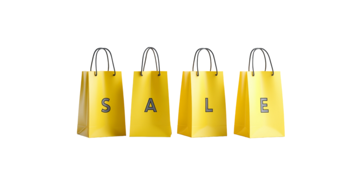 Yellow shopping bags with sale text on white background
