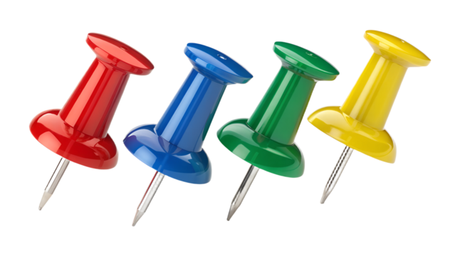 Set of push pins in different angles. Png transparency
