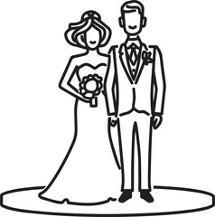 Vector line art of bride and groom in traditional wedding attire. EPS-ready for culture, celebration, and couple themes. Perfect for editorial and festive design use.
