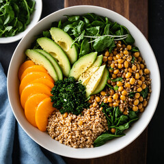 Photo Vegetarian Buddha bowl with diverse grains and Greens