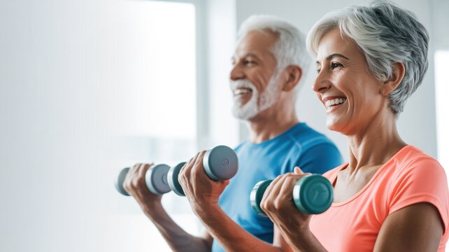 Senior exercising. Excited senior multiracial man and woman exercising together workout with light dumbbells in both hands. 