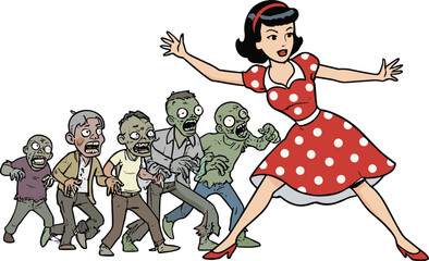 zombie; woman; cartoon; horror; chase; comic; undead; scary; spooky; monster; Halloween; fear; 