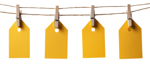 Four yellow tags hanging on clothesline with wooden clothespins