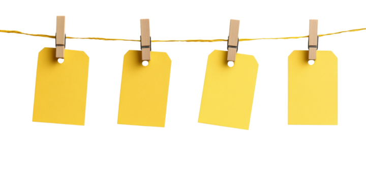 Four yellow blank tags hanging on string with clothespins