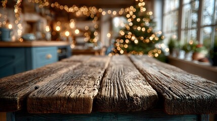 Rustic wooden table surface with blurred Christmas tree and bokeh lights in warm festive kitchen interior.