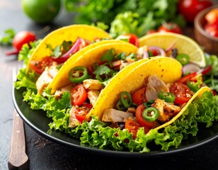 Delicious tacos filled with grilled chicken, fresh vegetables, and toppings
