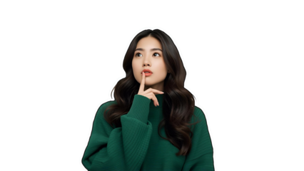 Woman tilts her head, hand on chin, appearing contemplative.