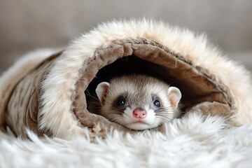 Obraz premium Sleepy ferret cuddled inside a fuzzy slipper, peeking out with curious eyes 