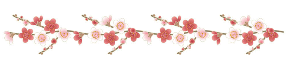 Horizontal plum blossom line decoration with red and white flowers in Japanese style vector illustration | plum blossom, ume, floral border, Japanese pattern, New Year, spring