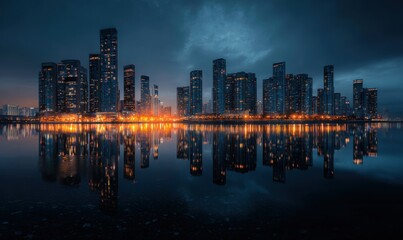 Naklejka premium City skyline reflected in calm water at twilight