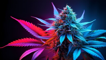 cannabis with blue and red colored leaves marijuana colorful plant on black background summer marijuana banner beautiful funny flowering hemp plant in mixed colored neon light