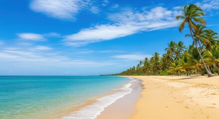 Idyllic tropical beach scene with turquoise water and palm trees under bright sky