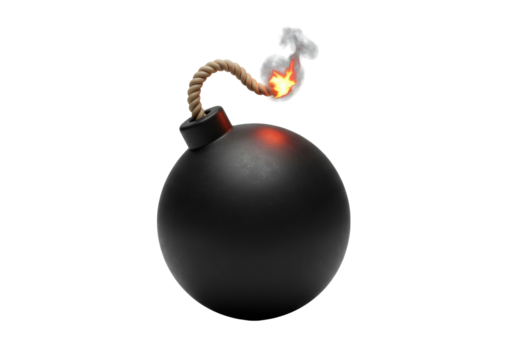 Isolated cartoon bomb with burning wick and smoke for destruction or explosion concept