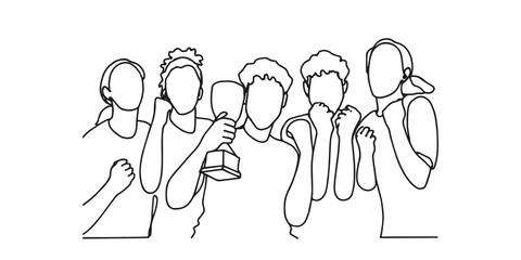 Single continuous line drawing of a happy team celebrating victory with a trophy, success, achievement, leadership, collaboration, and group celebration. Perfect for concepts of winning