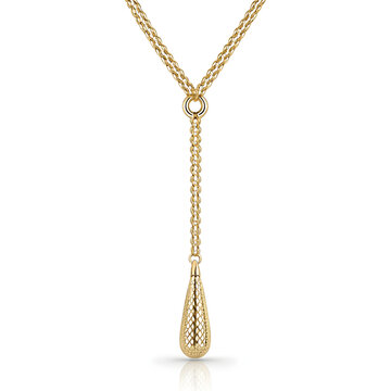 3D gold lariat necklace with vertical drop chain on pure white background, elegant design