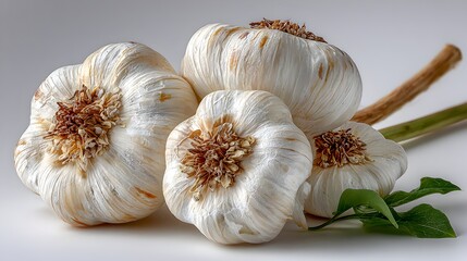 Four fresh organic garlic bulbs with their stem and some leaves are grouped on a bright surface background.