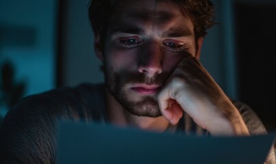Close-up of a man reading a document in low light