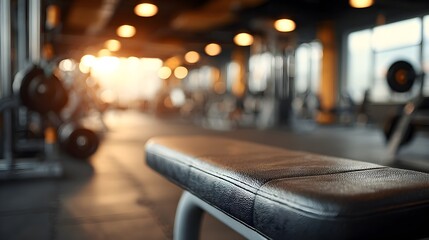 Gym bench in focus with blurred background revealing an active fitness center with warm lighting effect.