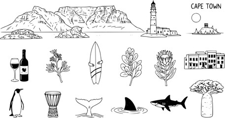 Fototapeta premium Cape town hand drawn icons collection: culture, landmarks, and nature in one set