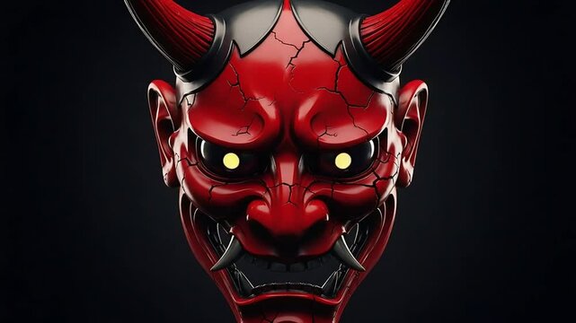 Hyperreal Red Oni Demon Mask with Glowing Eyes and Cracked Lacquer Texture.