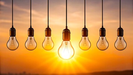Hanging light bulbs with glowing sunset sky creativity and inspiration concept 
