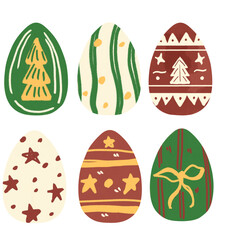 Festive Egg Decoration Icons, Christmas Vector Bundle, A festive vector collection of decorative egg icons in Christmas colors of red, green, and yellow. A playful and modern on traditional Christmas