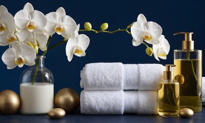 Elegant spa display featuring pristine white towels, delicate orchids, and luxurious bath oils against a calming backdrop for wellness and relaxation