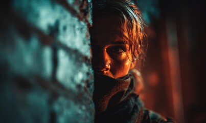 Close-up of a person hiding behind a brick wall in a dimly lit environment