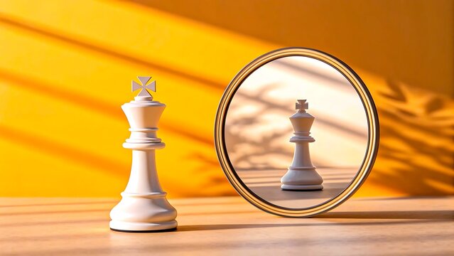 White chess king piece in front of mirror with shadow on yellow background 

