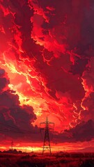 Fiery sunset over a field