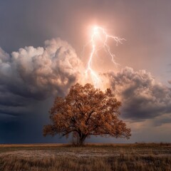 Dramatic landscape featuring lone tree silhouetted against stormy sky with lightning striking during sunset hour