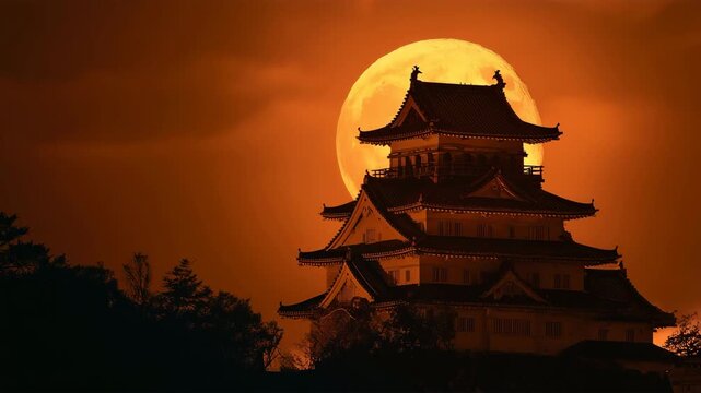 深い夜空に城の屋根越しに昇る巨大な満月の光