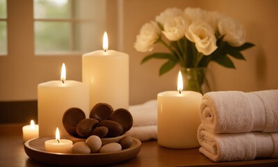 Serene spa ambiance with glowing candles, soft towels, and delicate white roses, perfect for relaxation and wellness promotion