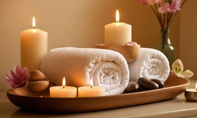 Create a tranquil spa oasis with soft candlelight, plush towels, smooth stones, and delicate flowers for ultimate relaxation and rejuvenation.