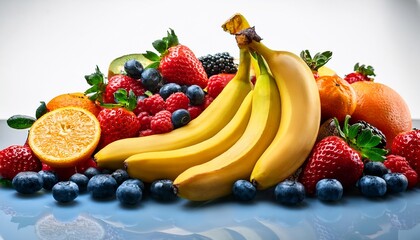 bright various fruits including of banana strawberry blueberry and other isolated on background juicy and healthy flavors organic food