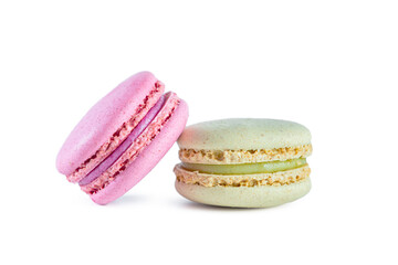 Two macarons isolated on a white background.