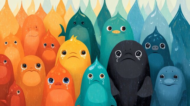 Cartoon marine animals covered in oil with teardrops