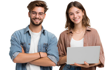 hotorealistic photograph of two young people smiling and looking at a laptop screen together. one is a caucasian male with short hair wearing a blue t-shirt