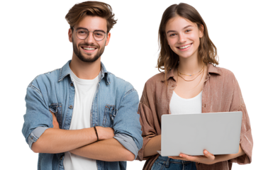 hotorealistic photograph of two young people smiling and looking at a laptop screen together. one is a caucasian male with short hair wearing a blue t-shirt